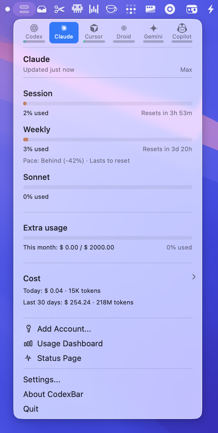 CodexBar menu bar popover showing provider tiles with usage bars, reset countdowns, and credit details.